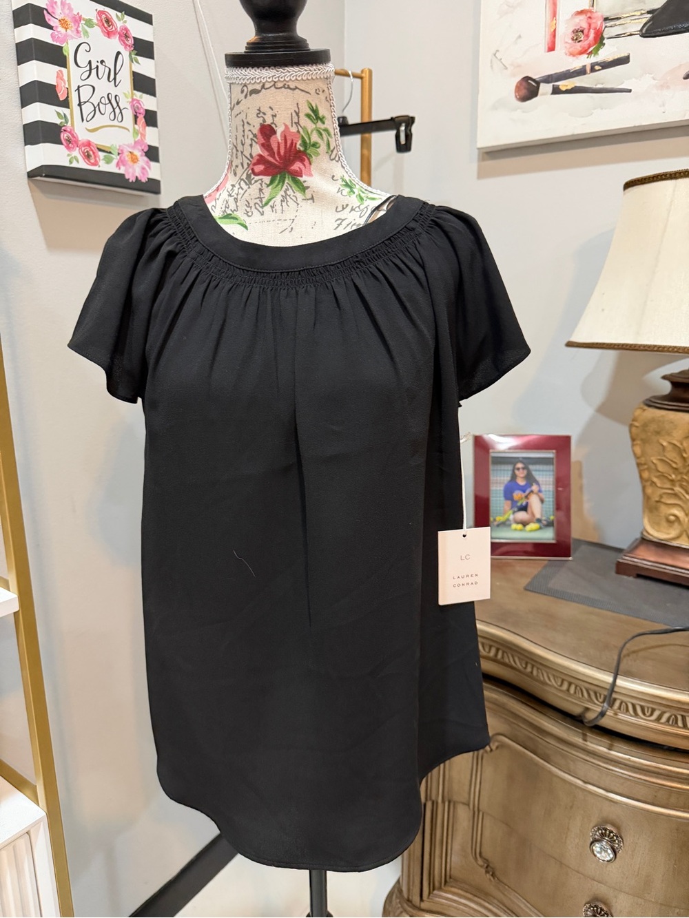 LC Lauren Conrad Black Short-Sleeve Smocked-Neck Blouse - Picture 2 of 14